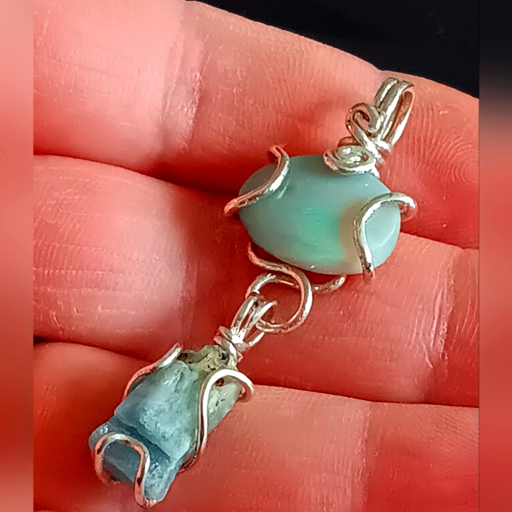 Australian Opal And Raw Aquamarine Pendant Sterling Silver - Picture 10 of 15